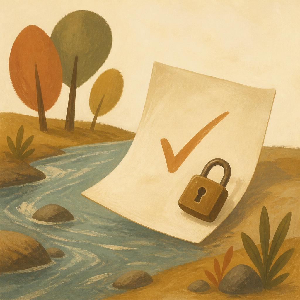 Editorial illustration of a document beside a small river with trees, a lock, and a tick